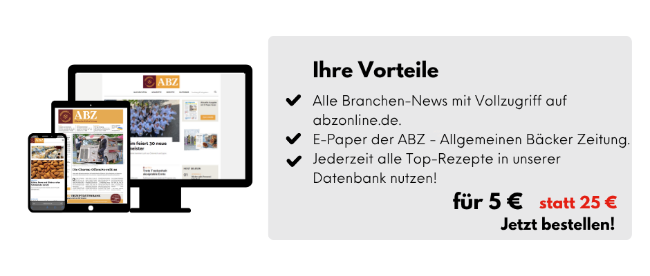 links Dreiklang aus Desktop, Tablet und Handy mit dem Bildern von der abzonline-Seite und dem E-Paper, rechts: Ihre Vorteile, Alle Branchen-News mit Vollzugriff auf abzonline.de., E-Paper der ABZ - Allgemeinen Bäcker Zeitung., Jederzeit alle Top-Rezepte in unserer Datenbank nutzen!, für 5 € statt 25 €, jetzt gratis testen
