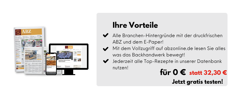 links Dreiklang aus Desktop, Tablet und Handy mit dem Bildern von der abzonline-Seite und dem E-Paper, sowie die gedruckte Zeitung rechts: Ihre Vorteile, Alle Branchen-Hintergründe mit der druckfrischen ABZ und dem E-Paper!, Mit dem Vollzugriff auf abzonline.de lesen Sie alles was das Backhandwerk bewegt!, Jederzeit alle Top-Rezepte in unserer Datenbank nutzen! für 0 € statt 32,30 €, jetzt gratis testen