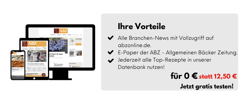 links Dreiklang aus Desktop, Tablet und Handy mit dem Bildern von der abzonline-Seite und dem E-Paper, rechts: Ihre Vorteile, Alle Branchen-News mit Vollzugriff auf abzonline.de., E-Paper der ABZ - Allgemeinen Bäcker Zeitung., Jederzeit alle Top-Rezepte in unserer Datenbank nutzen!, für 0 € statt 12,50 €, jetzt gratis testen!